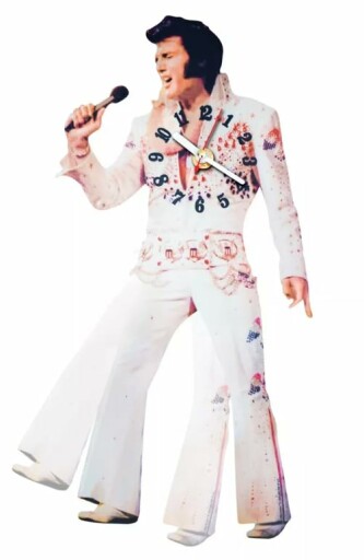 Elvis Clock with swinging legs and white jumpsuit design