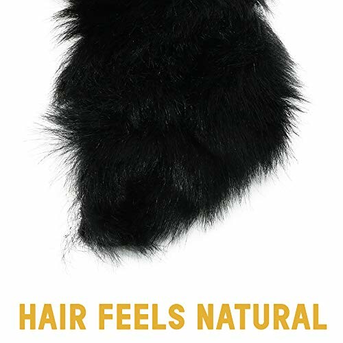 Close-up of black fur with text 'Hair Feels Natural'