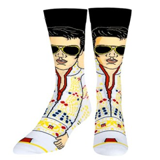 Colorful socks with a celebrity face design wearing sunglasses.