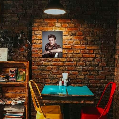 Cozy cafe table with colorful chairs and brick wall decor