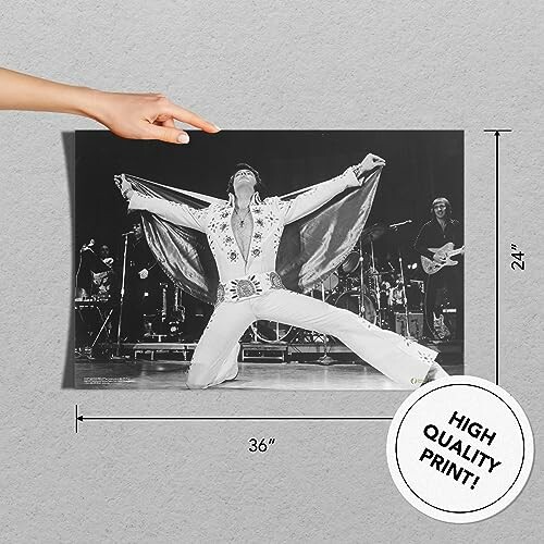 Elvis Presley in iconic pose on stage with band, black and white photo, high quality print.