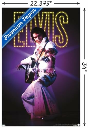 Poster of Elvis Presley with a guitar and 'ELVIS' in lights.