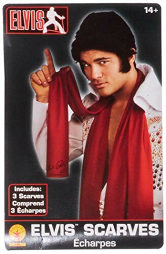 Elvis-themed scarves package with a man holding a red scarf.