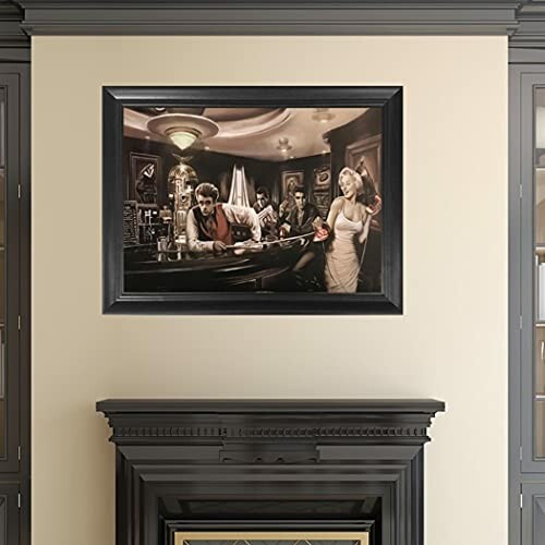 Framed art deco painting above fireplace with bar scene.