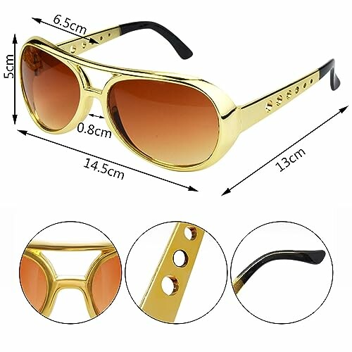 Gold frame sunglasses with measurements and close-up details.