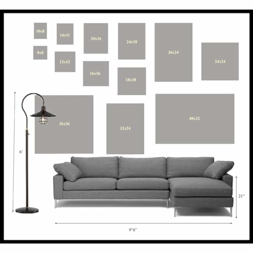 Living room layout with sectional sofa, floor lamp, and various wall art sizes displayed.