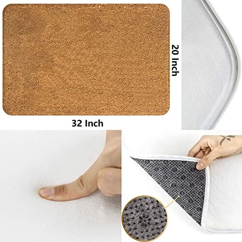 Memory foam bath mat with anti-slip backing and dimensions.