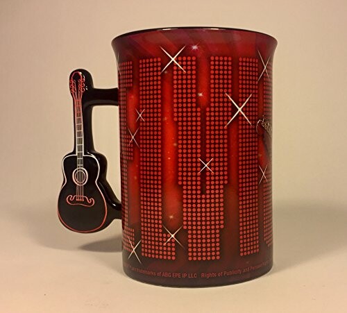 Red mug with guitar-shaped handle and decorative text