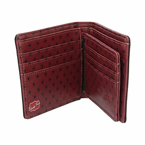 Open red wallet with star pattern and multiple card slots