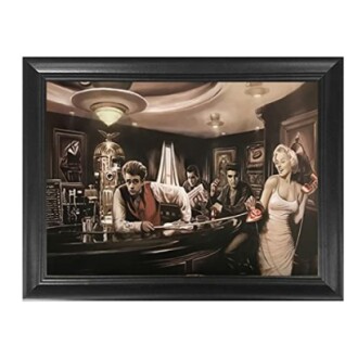 Retro-themed artwork of people in a bar setting.