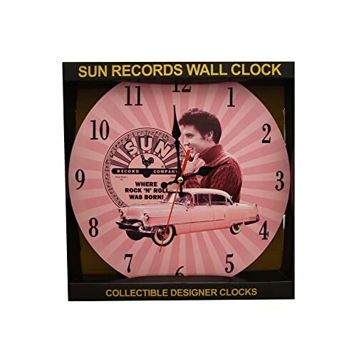 Sun Records wall clock featuring a vintage car and musician design.